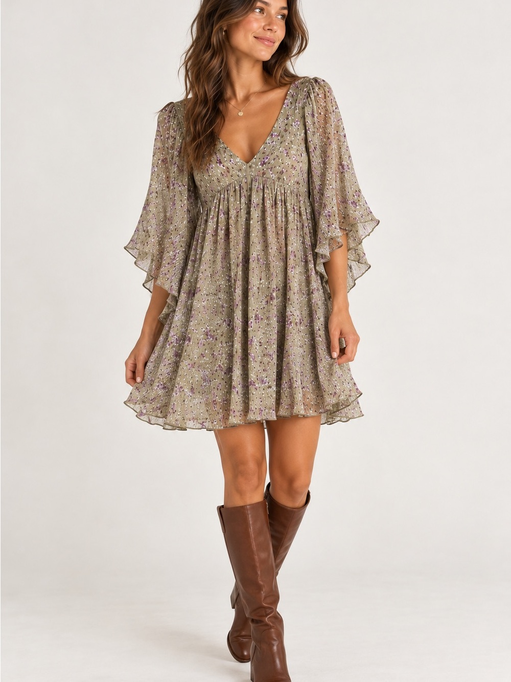 Storia Floral Plisse Babydoll Mini Dress Olive Purple Flutter Sleeve Size M